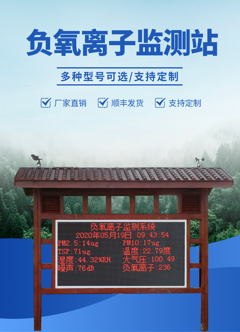 景區(qū)大屏負氧離子監(jiān)測站-實時顯示監(jiān)測數(shù)據(jù)，將負氧離子可視化